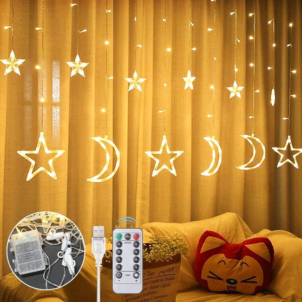 51084_Anpro_LED_Weihnachtslichterkette_Mond_Sterne_138_LEDs_Lichtervorhang_warmweiß_Beleuchtung