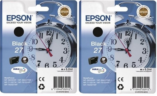 2 Original Epson 27 Tinte Patrone schwarz WF3620 WF3640 WF7110 WF7610