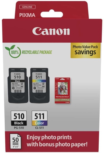 60719_Original_Canon_Tinte_Patrone_PG-510/CL-511_Photo_Value_Pack_schwarz/farbig_+_10x15cm_Fotopapier_für_Pixma_230_235_240_2700_2770
