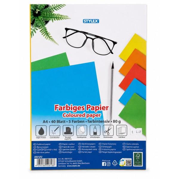 64451_3x_Stylex_Farbiges_Papier_DIN_A4_–_80_g/m²_–_40_Blatt_–_5_Farben
