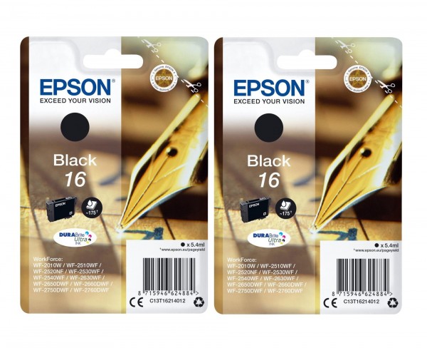 2x Original Epson Tinte 16 schwarz für WorkForce WF 2010 2520 2630 2650 2750